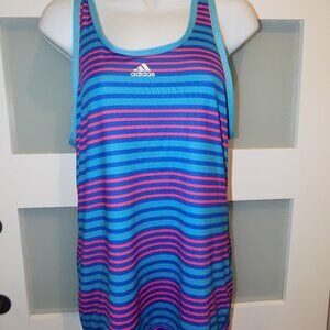 Adidas Climalite Racer Back Multi Colored Striped Blue Shirt L Women's